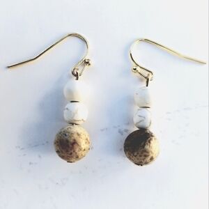 Hand Crafted Stone and Howlite Dangle Earrings White/Tan 1”